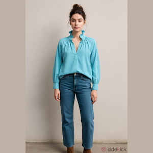 A Shirt Thing Penelope Top Aqua Ruffle Neck Long Sleeves Pullover Blouse Tunic L